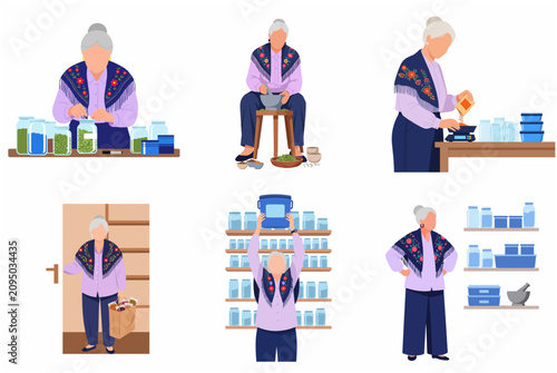 Fotografía Elderly woman organizing pantry and preparing food vector illustration set, seni