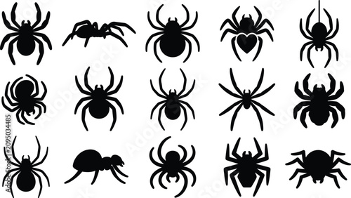 Valokuva Black spider silhouettes collection on white background for Halloween design