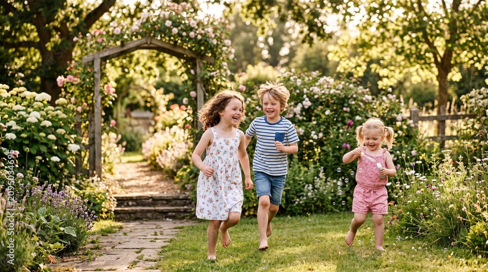 Fototapeta premium joyful kids enjoying summer sunny garden playful outdoor moments 