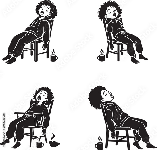 Exhausted Sleeping Cartoon Girl Slumped in Chair Black Silhouette Logo Minimalist Vector Character Design Illustration Style