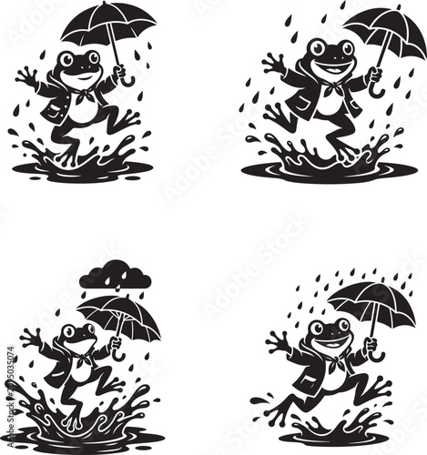 Joyful Cartoon Frog Playing in Rain Black Silhouette Mascot Logo Minimalist Vector Nature Character Design Illustration