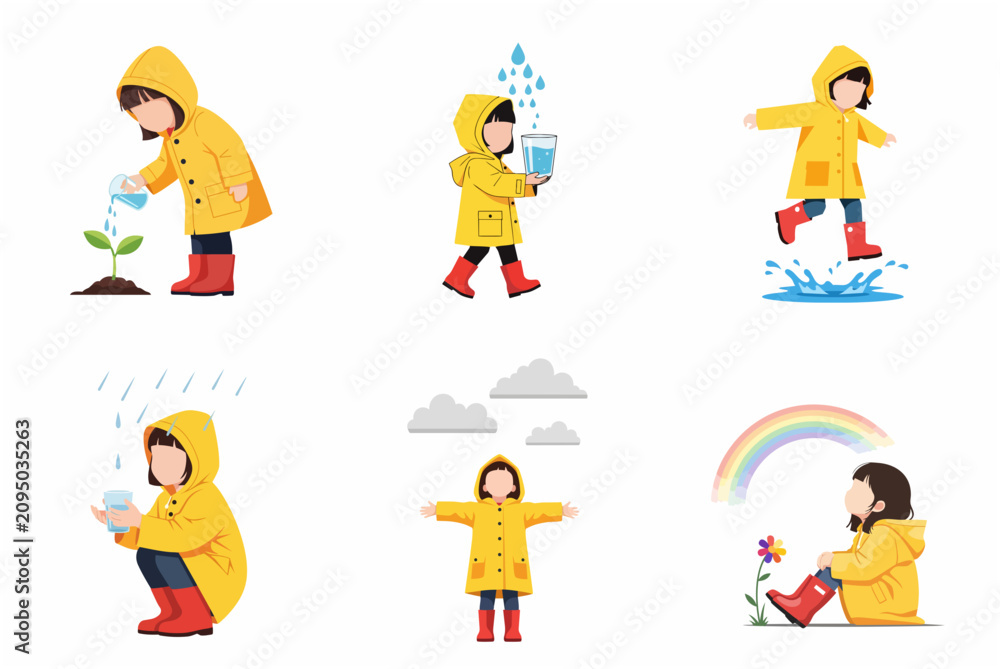 Fototapeta premium Vector illustration set of a little girl in a yellow raincoat and red boots playing in the rain, jumping in puddles, and enjoying the outdoors.
