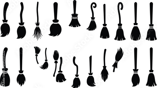 фотографія Collection of various black broom silhouettes for Halloween design and decoratio