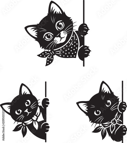 Adorable Cartoon Kitten Peeking Behind Edge Black Silhouette Logo Minimalist Vector Cute Pet Character Design Illustration