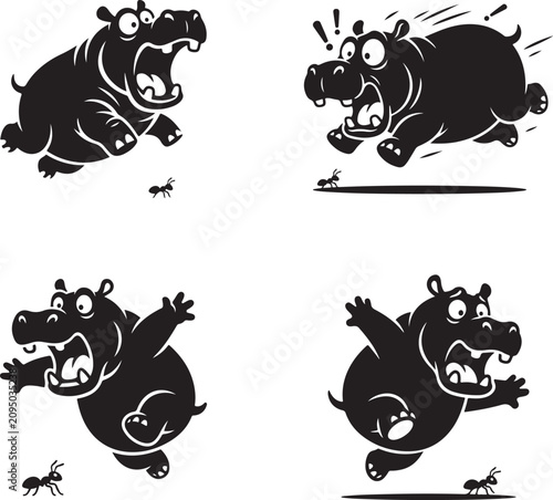 Panicked Cartoon Hippopotamus Jumping from Tiny Ant Black Silhouette Logo Minimalist Vector Funny Mascot Design Illustration