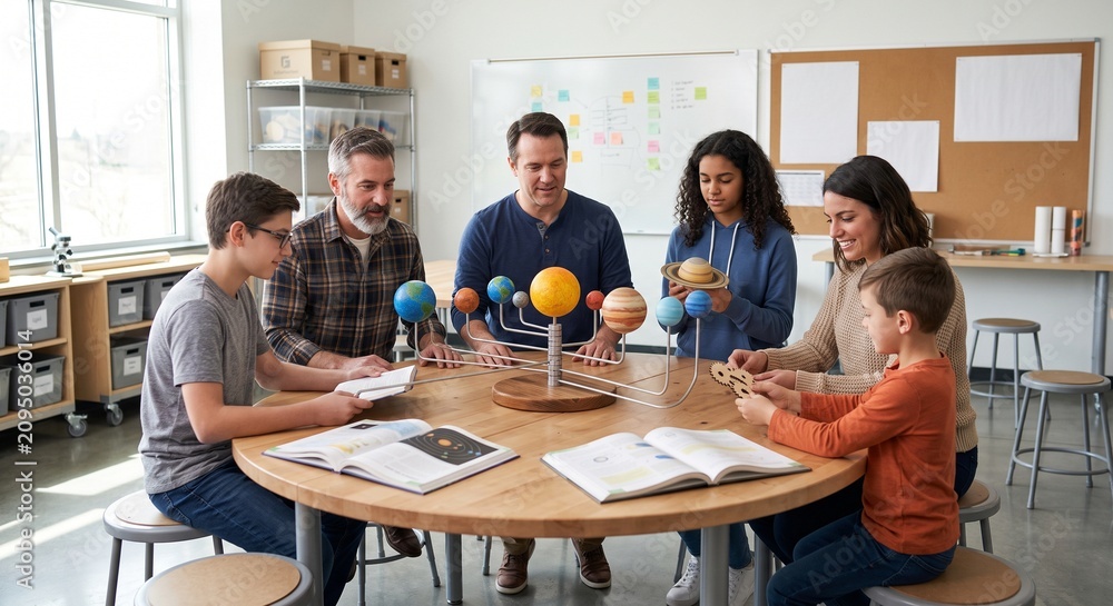 Fototapeta premium Mentor Led Science Circle With Mixed Age Learners In Innovation Lab