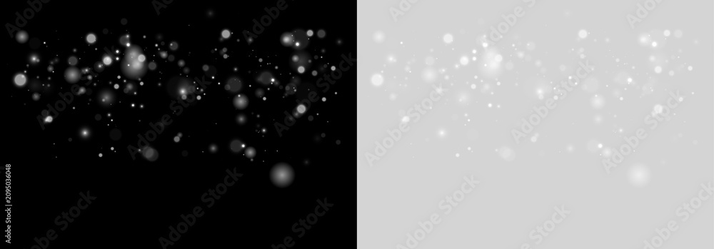 Obraz premium Soft white glitter dust shines with elegant light bursts and shimmering particles. Modern festive overlay isolated on transparent. PNG graphic.