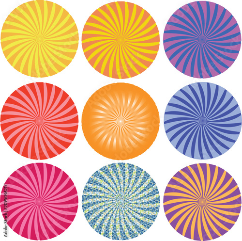 Set of Nine Colorful Retro Sunburst Badges and Circular Radial Starburst Elements