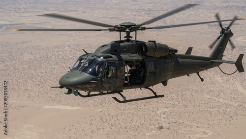 Military Helicopter Flies Over Desert Landscape During Training Exercise Near...