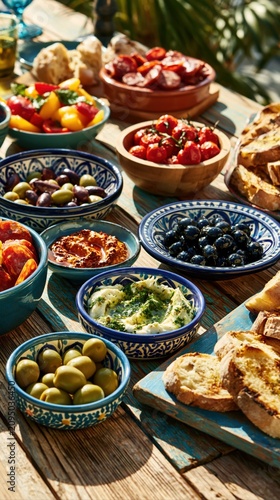Mediterranean Tapas, Olives and Dips on Sunny Courtyard Table