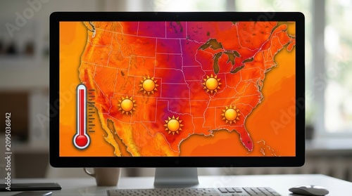 A computer monitor displaying a stylized weather forecast map of the United States highlighting an extreme heatwave, with warm color gradients, sun symbols, and thermometer icons illustrating.
