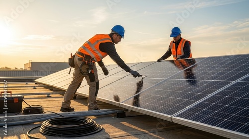 Two professional technicians in orange safety vests install high quality solar panels on a rooftop during sunset on transparent background