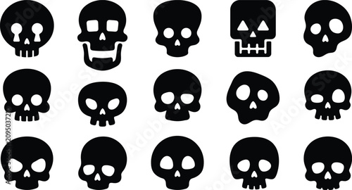 Fotografía Collection of black skull icons on white background for Halloween designs