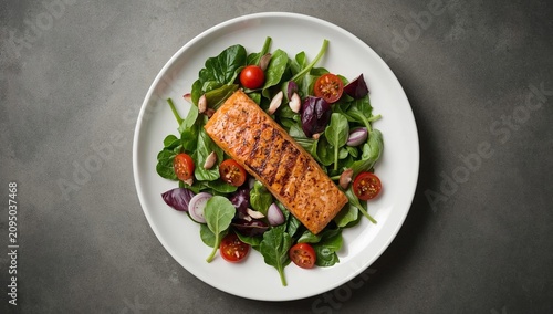 Grilled Salmon on a Salad With Cherry Tomatoes and Greens in a Simple Setting