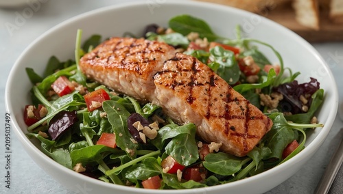 Grilled Salmon on a Salad With Cherry Tomatoes and Greens in a Simple Setting