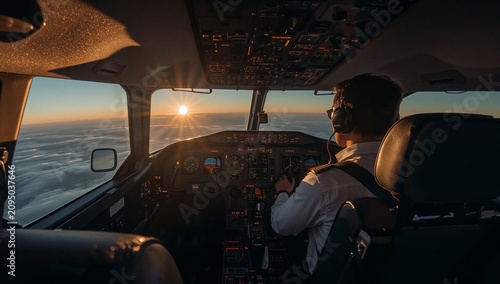 Pilot Operates Aircraft During Sunset Over the Clouds