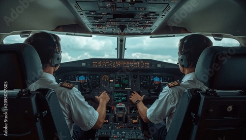 Pilots Operate an Aircraft in the Cockpit During a Flight With Clouds Visible...