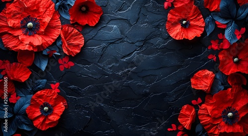 Patriotic remembrance design showcasing vibrant poppy blossoms on black picture