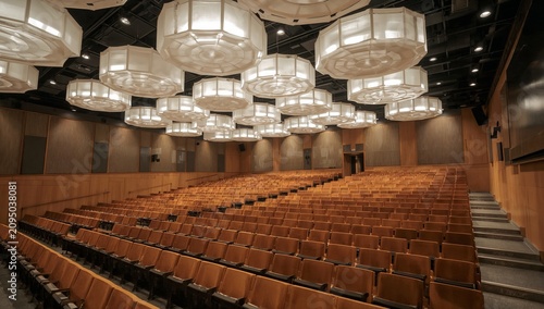 Seating Arrangement in an Auditorium With Hanging Lights and Wooden Walls