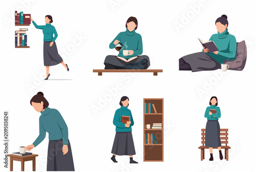 Set of woman characters reading books and drinking coffee in various cozy poses, flat vector illustration of literary lifestyle and relaxation at home.