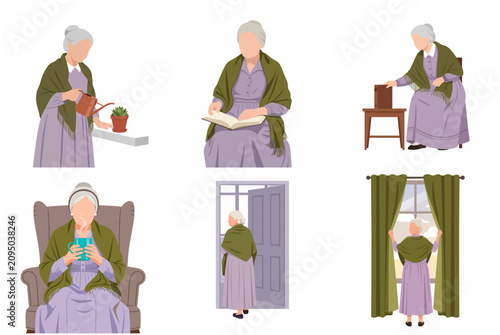 Elderly woman daily life activities vector illustration set featuring grandmother reading, gardening, and drinking tea