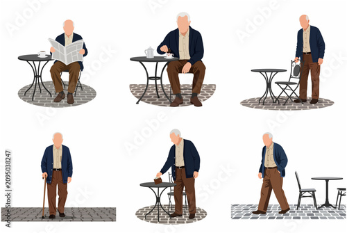 Set of flat vector illustrations of a senior man in various poses at a street cafe, reading a newspaper, drinking coffee, and walking with a cane