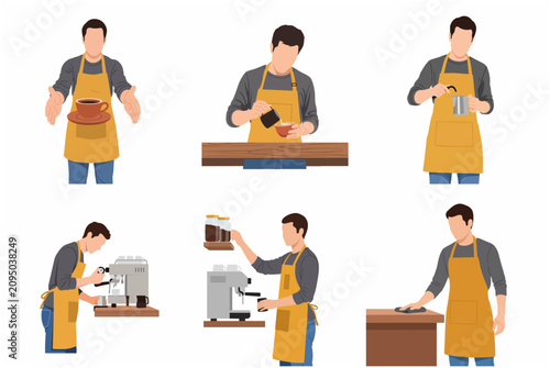 Professional Barista Character Set with Various Poses for Coffee Shop Business and Cafe Service Illustrations