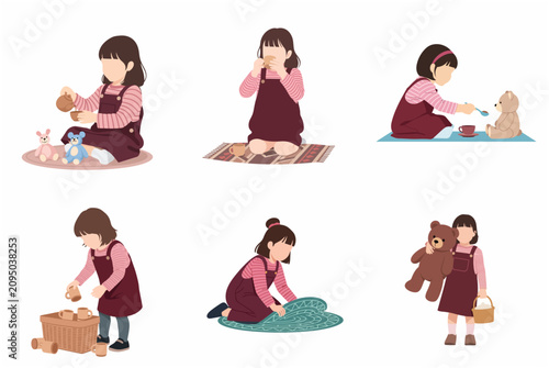 Set of flat vector illustrations of a little girl playing, having a tea party with teddy bears, and enjoying imaginative childhood activities on a white background.