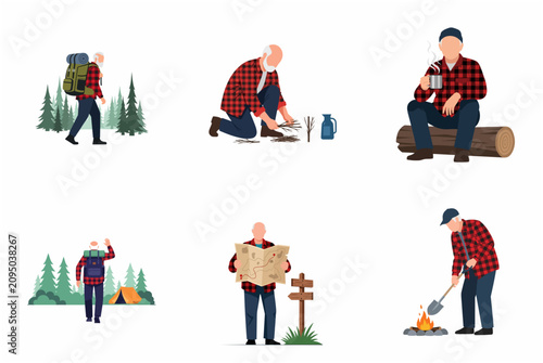 Senior man camping and hiking outdoor adventure activities flat vector illustration set
