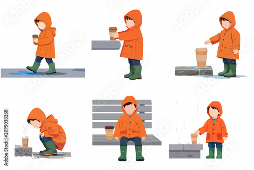 Set of vector illustrations of a little boy in an orange raincoat and green boots holding a coffee cup in the rain