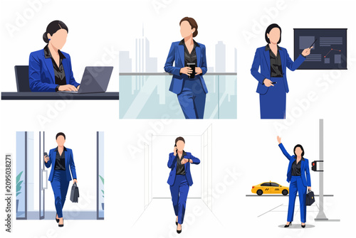 Set of professional businesswoman illustrations in various scenarios: working on laptop, giving presentation, commuting, and hailing a taxi in a blue suit