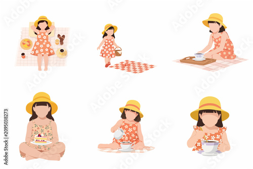 Little girl in floral dress and straw hat enjoying picnic and tea party activities vector illustration set