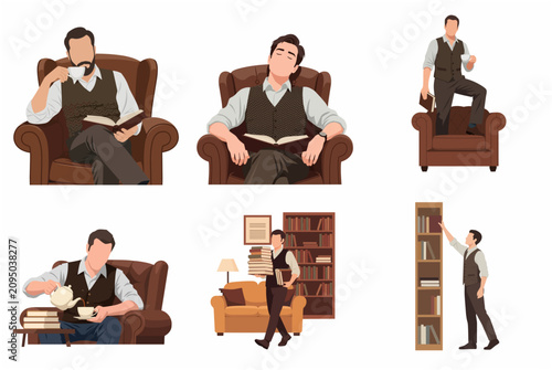 Gentleman in Classic Attire Reading Books, Drinking Tea and Relaxing in Library Vector Illustration Set