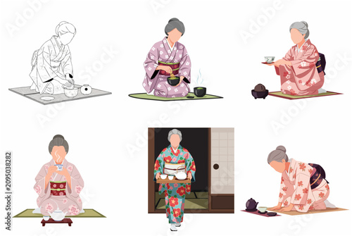 Set of flat vector illustrations of a senior Japanese woman in traditional floral kimono performing a tea ceremony, including whisking matcha and serving tea.