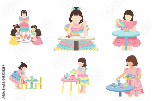 Vector illustration set of cute little girls having a tea party, wearing colorful ruffled dresses and playing with teapots and cups
