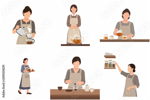 Minimalist vector illustration set of a woman barista or tea sommelier preparing coffee and brewing tea in various poses