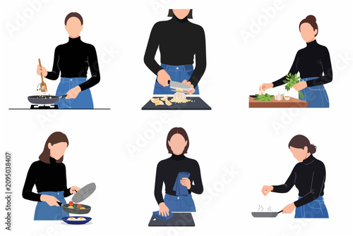 Collection of Minimalist Flat Vector Illustrations of a Woman Cooking, Preparing Ingredients, and Cleaning in the Kitchen
