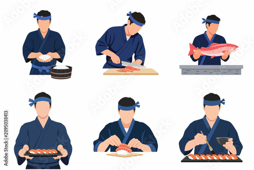 Professional Japanese sushi chef preparing and serving fresh salmon nigiri sushi collection, flat vector illustration of chef making traditional Japanese food.