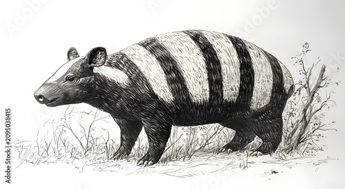 Pencil art of gentle tapir standing in grassy habitat photography
