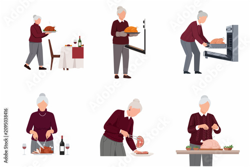 Set of flat vector illustrations featuring an elderly woman preparing, roasting, and serving a delicious turkey for a festive holiday dinner.