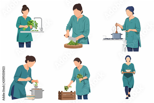 Set of flat vector illustrations of a woman preparing food, washing, chopping, and cooking with fresh coriander or cilantro in a kitchen.