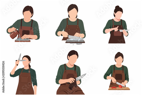 Vector illustration set showing the step-by-step process of sharpening a kitchen knife using a whetstone, checking the blade, and slicing a tomato by a chef in an apron.