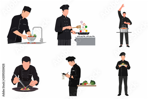 Professional male chef character set in black uniform cooking and preparing food flat illustration