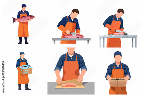 Professional Fishmonger Character Set Processing Fresh Seafood and Salmon Isolated on White Background