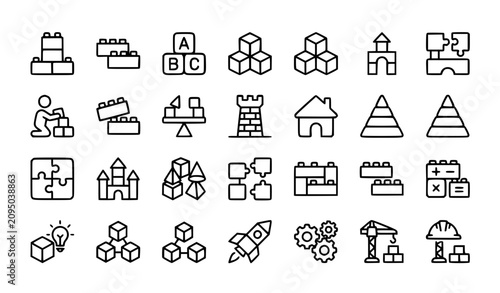 Tableau sur toile Building blocks outline icon set with toy bricks construction cubes educational