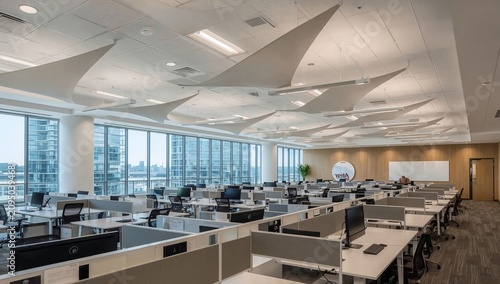 Office Space With Desks and Computers Near Large Windows in a Modern Building
