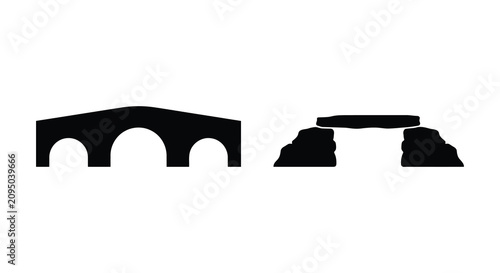 Schilderij op canvas Stonehenge and megalithic tomb silhouettes against a white background silhouette