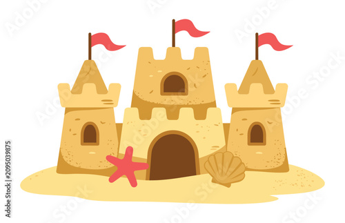 Classic sand castle on the beach with red flags seashells and starfish sandcastle vacation starfish seashell childhood seashore summerhouse