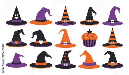 Foto Set of colorful halloween witch hats icons and elements collection with hallowee