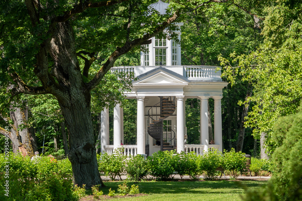 Obraz premium Elegant White Park Pavilion Nestled in Rich Green Summer Forest